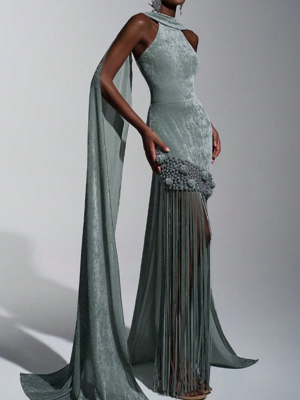 Green Elegant Minimalist Women's Velvet Tassel Sequin Dress